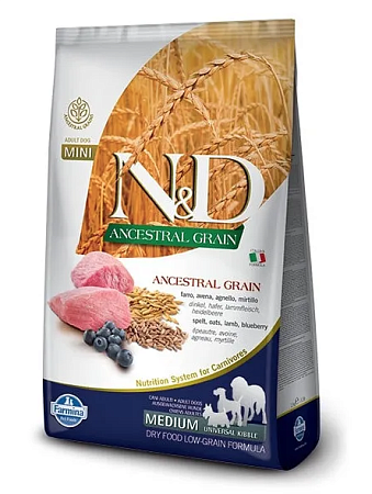 Купить farmina n&d ancestral grain dog lamb blueberry adult medium & maxi сухой низкозерновой корм для взрослых собак средних и крупных пород с ягненком и черникой