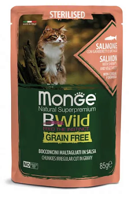 Monge Cat BWild Grain Free влажный беззерновой корм для стерилизованных кошек с лососем, креветками и овощами (пауч)
